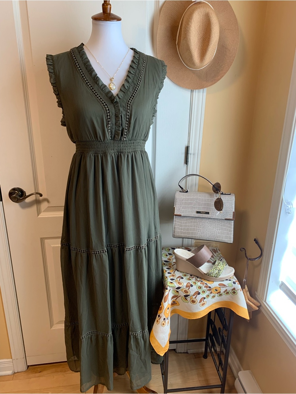 Olive Green V-Neck Ruffle Trim Maxi Dress